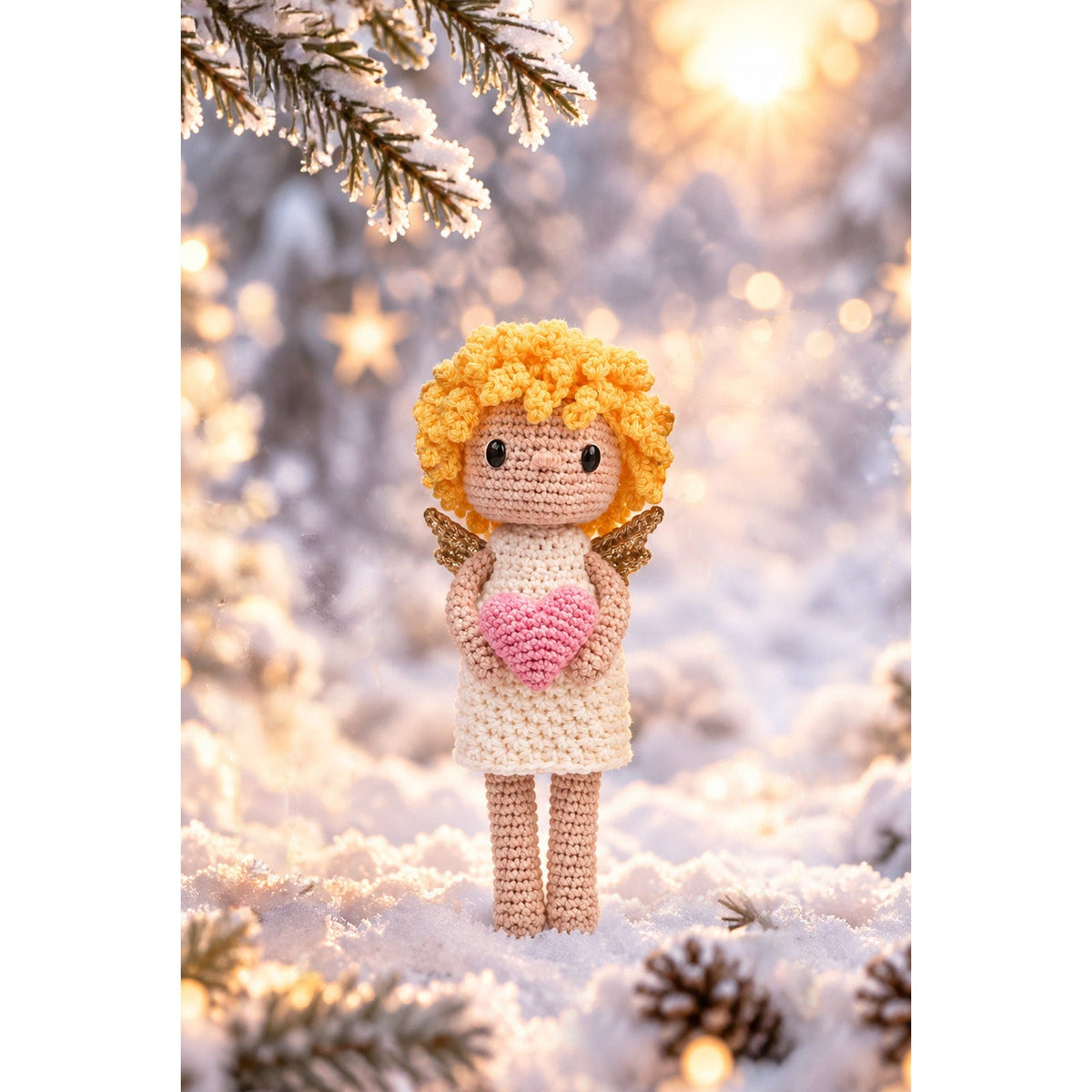 Engeltje Heart met roze hart in besneeuwde wintersfeer