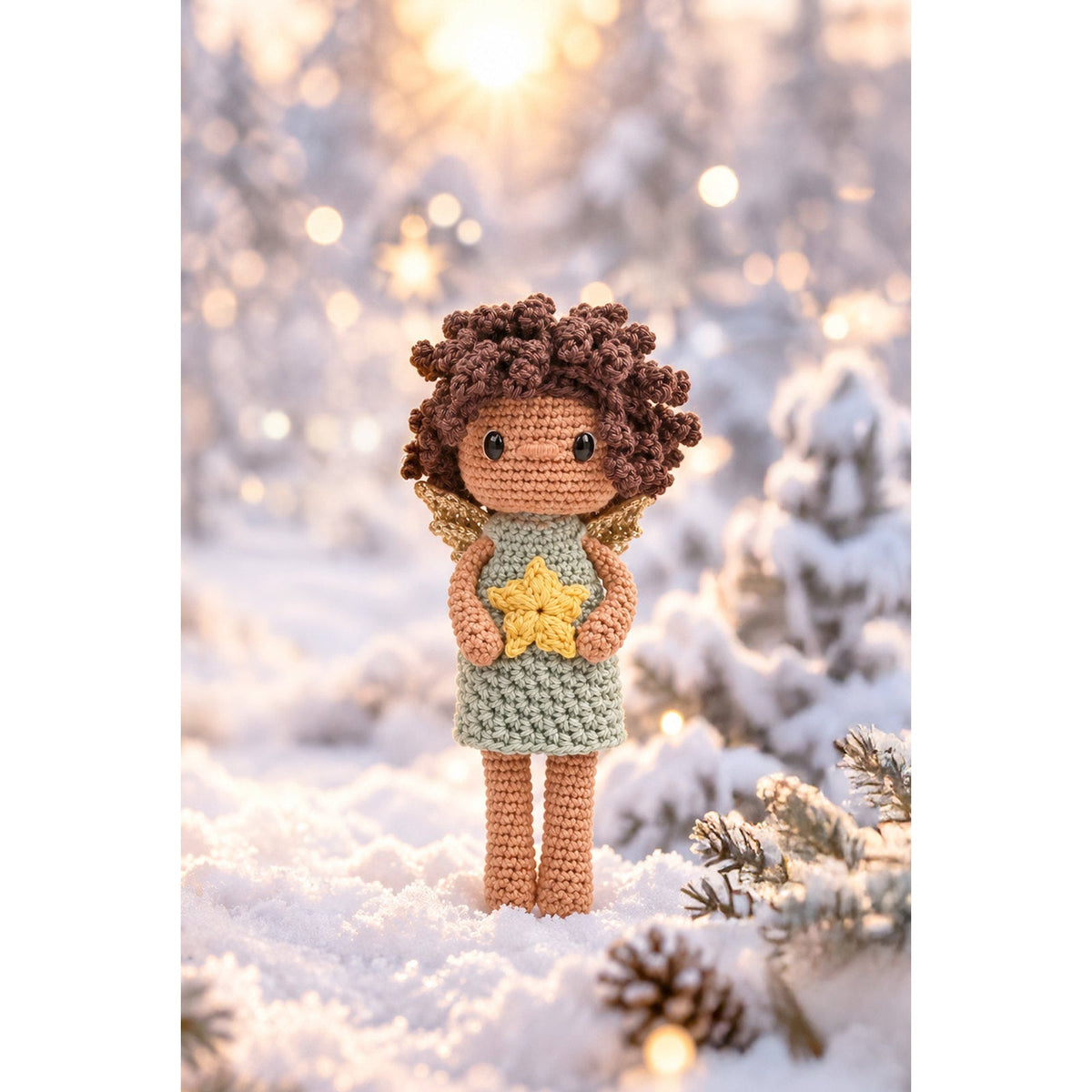 Engeltje Star met ster en groene jurk in winterlandschap