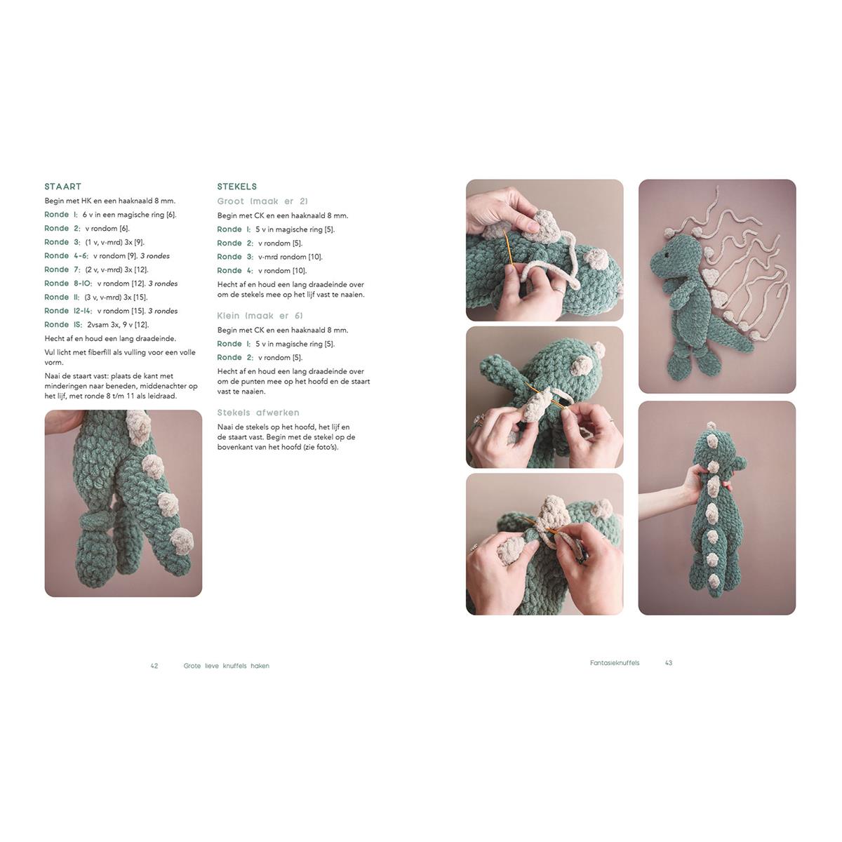 Binnenpagina uit Grote Lieve Knuffels haken met patroon en stappen voor een gehaakte olifant