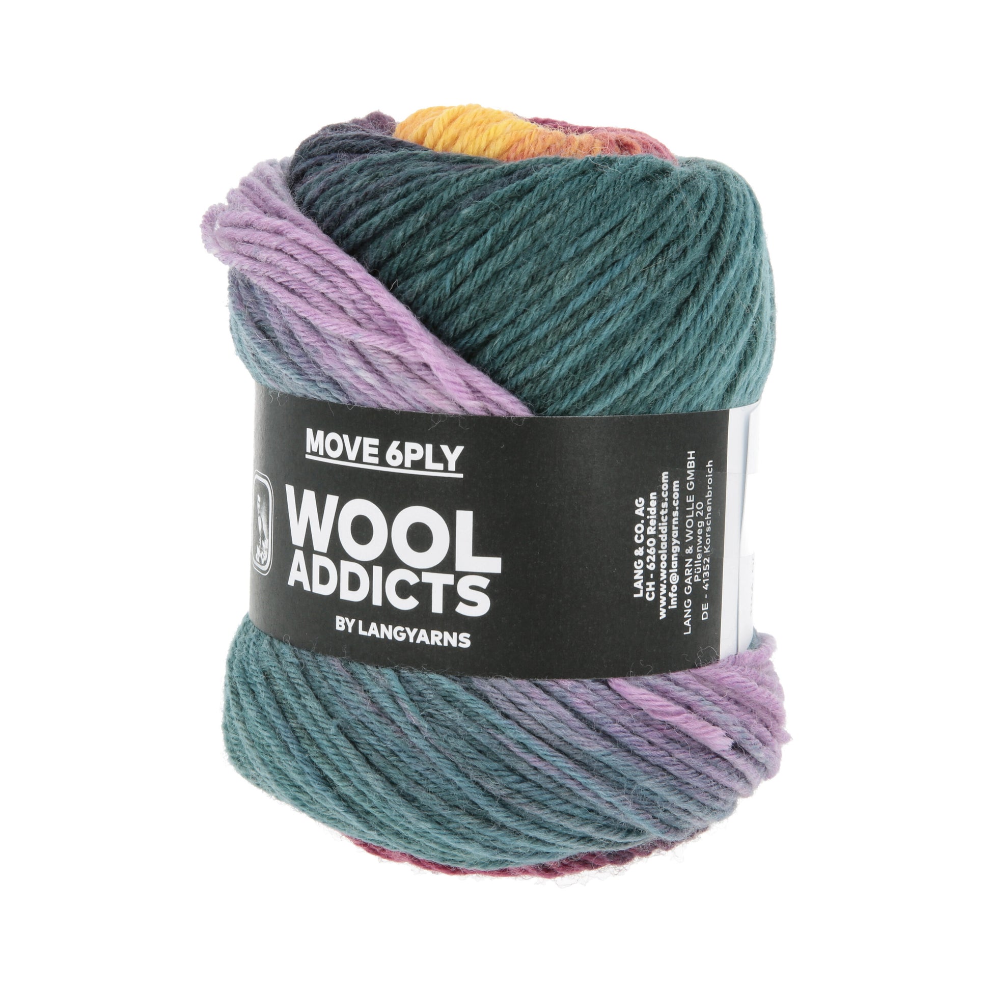 Lang Yarns Move 6-Fach/6-Ply 0011 Lichtblauw/Koningspaars/Oranje/Aubergine - bol garen schuin van voren