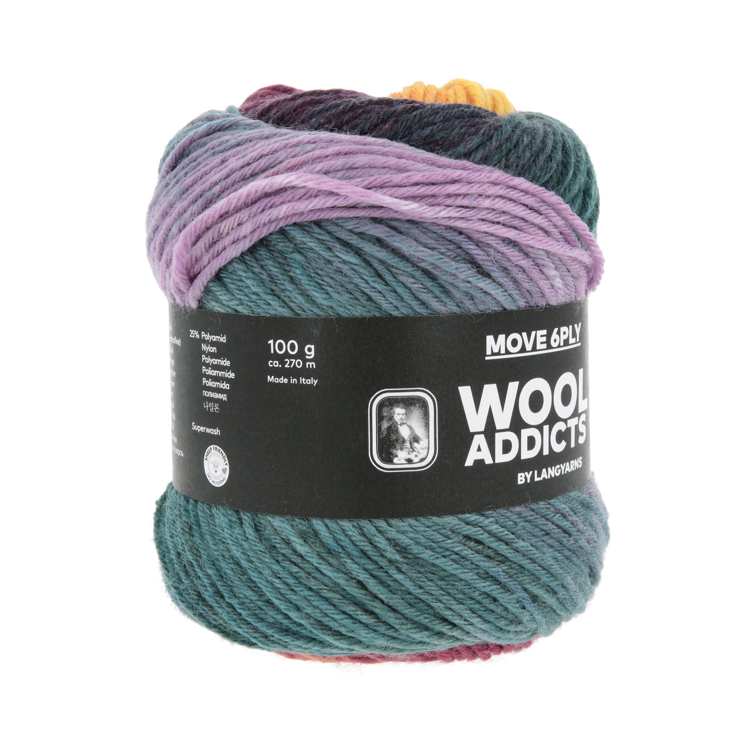 Lang Yarns Move 6-Fach/6-Ply 0011 Lichtblauw/Koningspaars/Oranje/Aubergine - bol garen van opzij