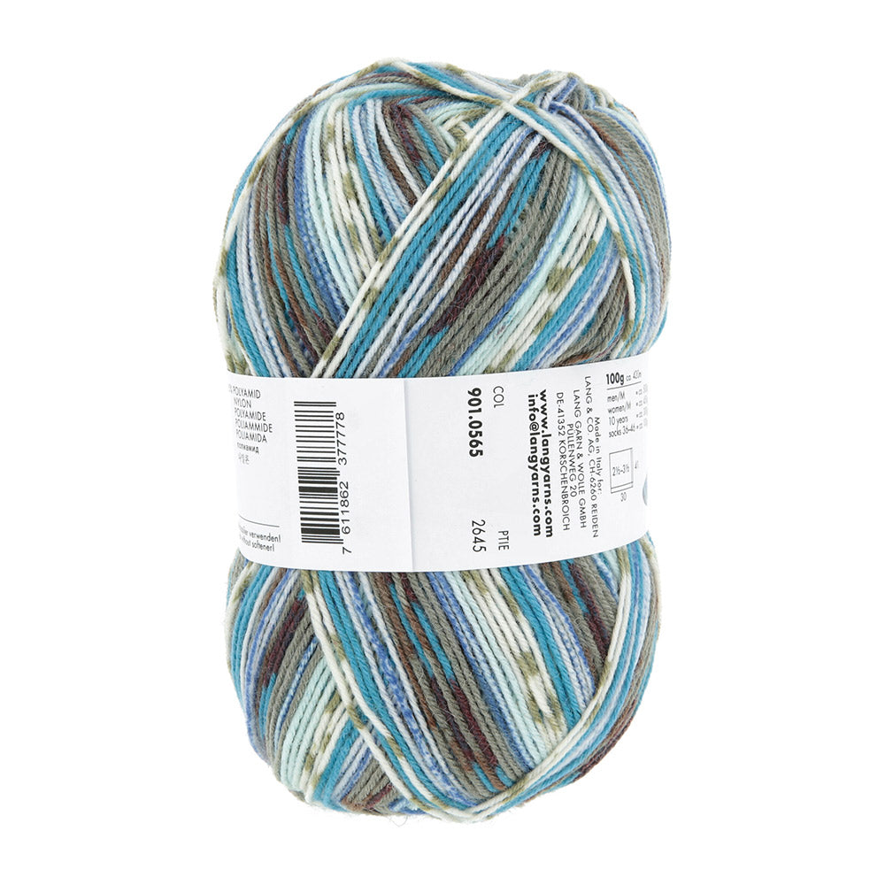 Lang Yarns Super Soxx Color 4-Fach 565 Blauw/Grijs 1153 Akebi - gebreide sjaal in het zelfstrepende kleurverloop