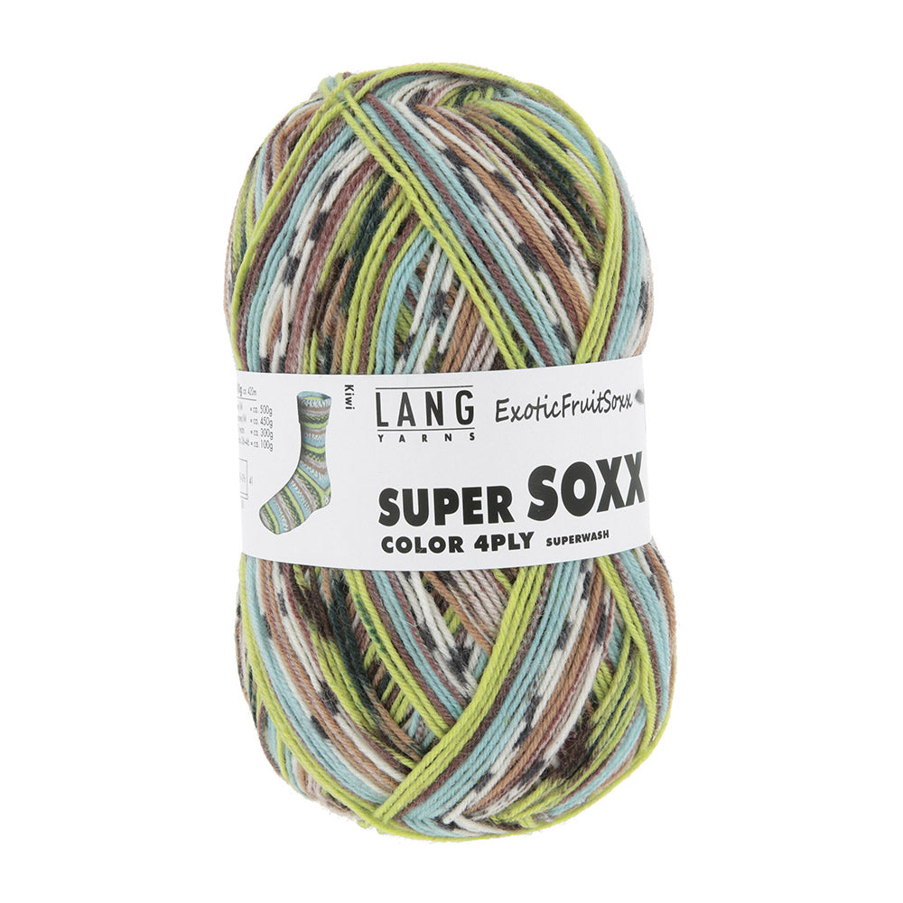 Lang Yarns Super Soxx Color 4-Fach 566 Groen/Bruin 1153 Kiwi - gebreide trui in het zelfstrepende kleurverloop