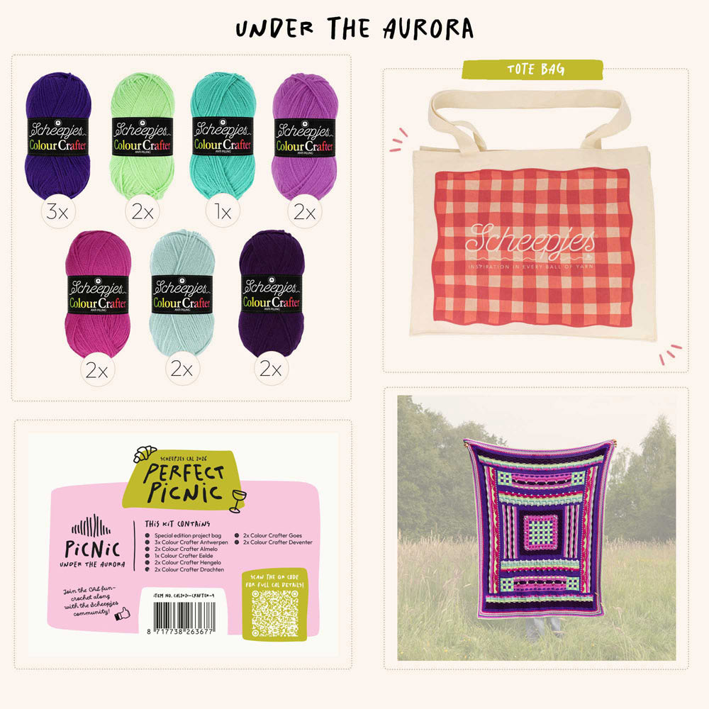 Scheepjes The Perfect Picnic CAL2026 kit Colour Crafter - Aurora - inhoud van de CAL kit met garen en Perfect Picnic tote bag