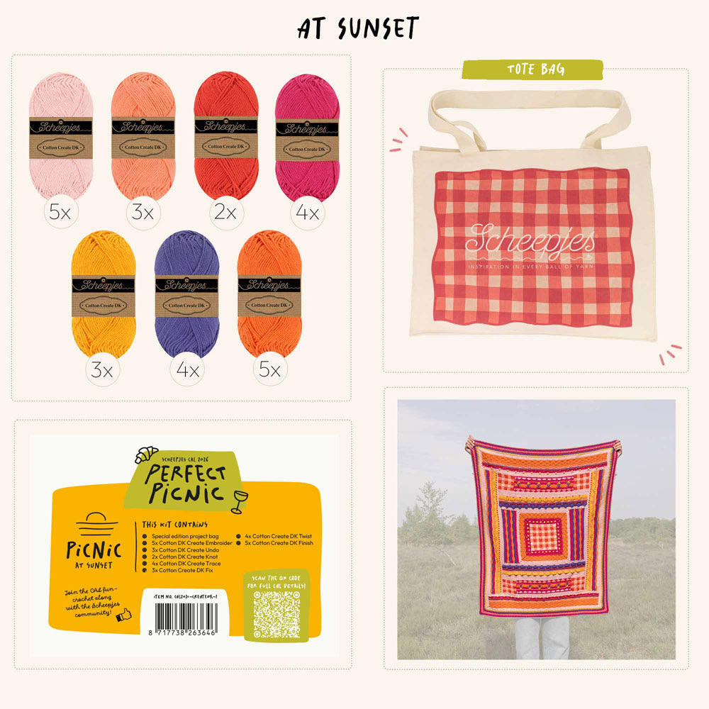 Scheepjes The Perfect Picnic CAL2026 kit Cotton Create DK - Sunset - inhoud van de CAL kit met garen en Perfect Picnic tote bag