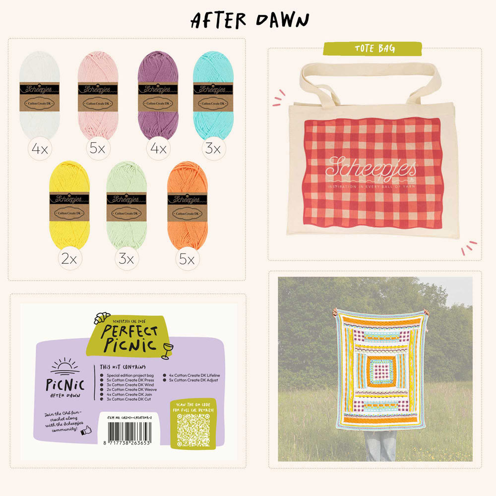 Scheepjes The Perfect Picnic CAL2026 kit Cotton Create DK - After Dawn - inhoud van de CAL kit met garen en Perfect Picnic tote bag