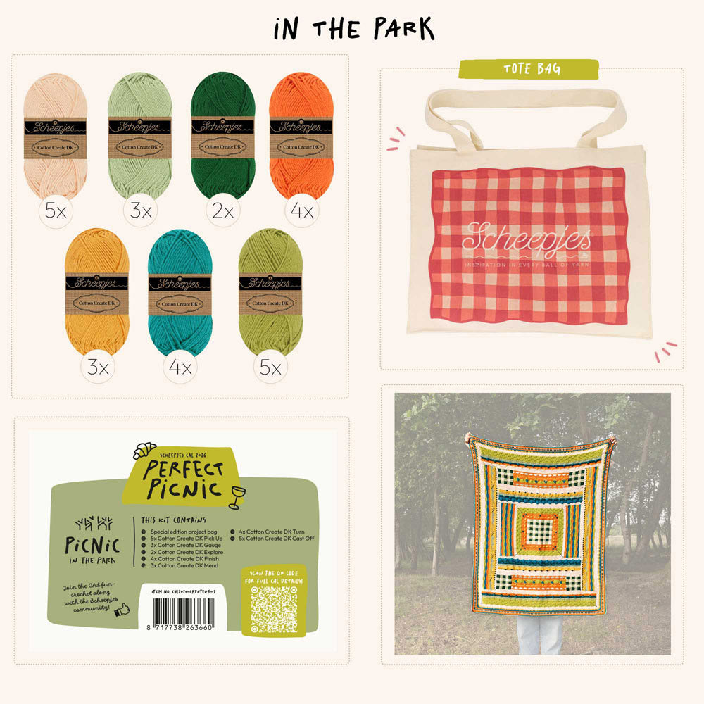 Scheepjes The Perfect Picnic CAL2026 kit Cotton Create DK - In the Park - inhoud van de CAL kit met garen en Perfect Picnic tote bag