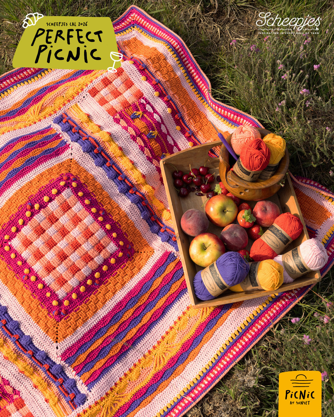 Scheepjes The Perfect Picnic CAL2026 kit Cotton Create DK - Sunset - gehaakte Perfect Picnic deken in kleurenpalet Picnic at Sunset op een sfeervolle picknicklocatie