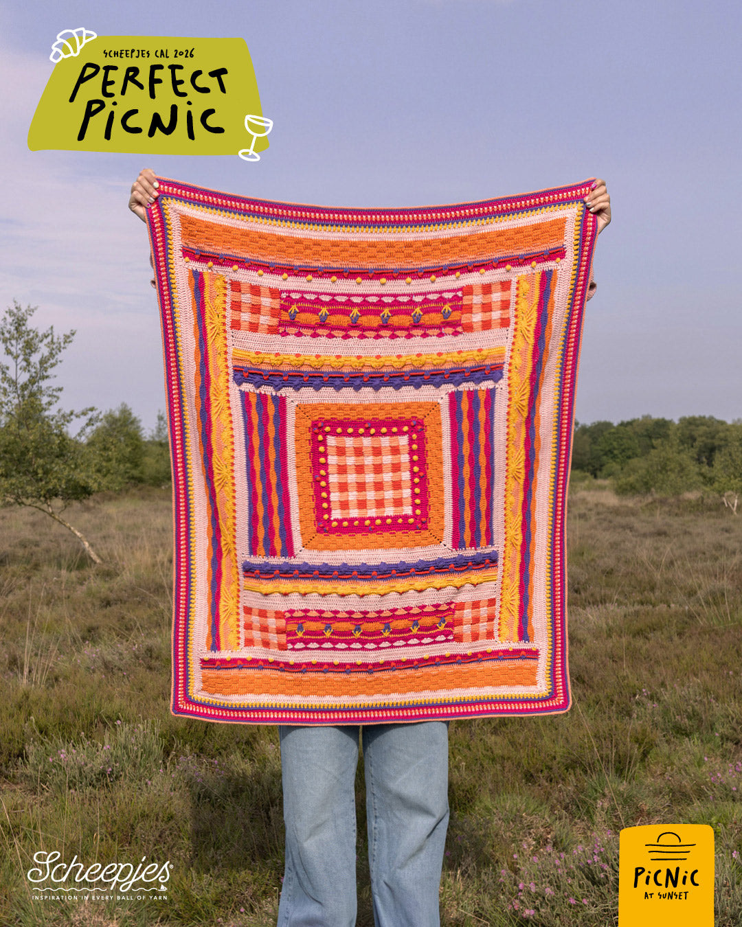 Scheepjes The Perfect Picnic CAL2026 kit Cotton Create DK - Sunset - gehaakte Perfect Picnic deken in kleurenpalet Picnic at Sunset op een sfeervolle picknicklocatie