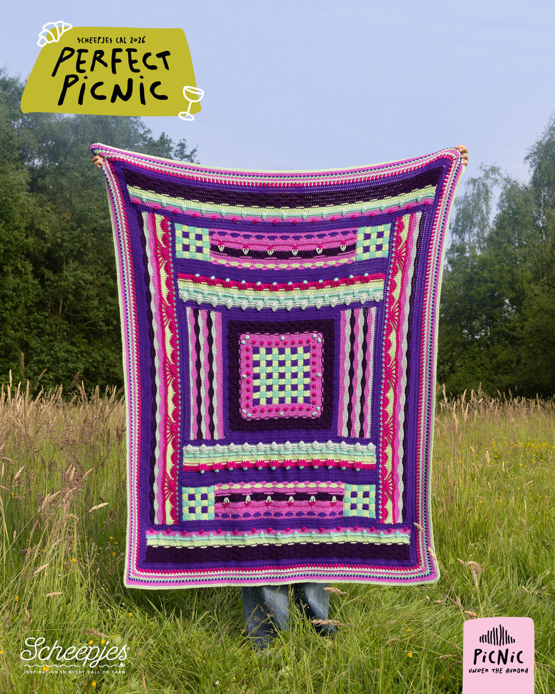Scheepjes The Perfect Picnic CAL2026 kit Colour Crafter - Aurora - gehaakte Perfect Picnic deken in kleurenpalet Picnic Under The Aurora op een sfeervolle picknicklocatie