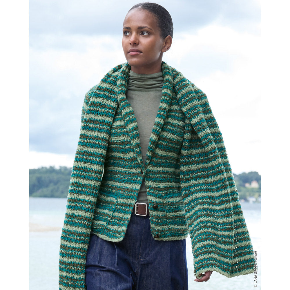 Lana Grossa Filati Journal No. 72 model 29 - groen gestreept vest, gedragen