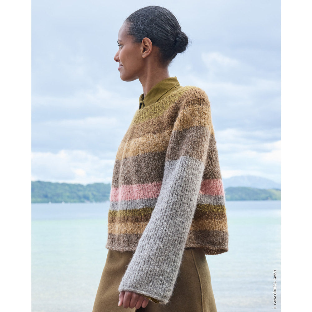 Lana Grossa Filati Journal No. 72 model 31 - gestreepte trui in beige, grijs en roze, detail en pasvorm