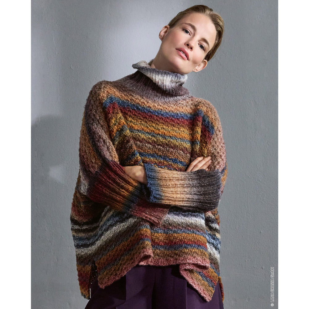 Lana Grossa Filati Journal No. 72 model 52 - multicolor gestreepte coltrui, gedragen