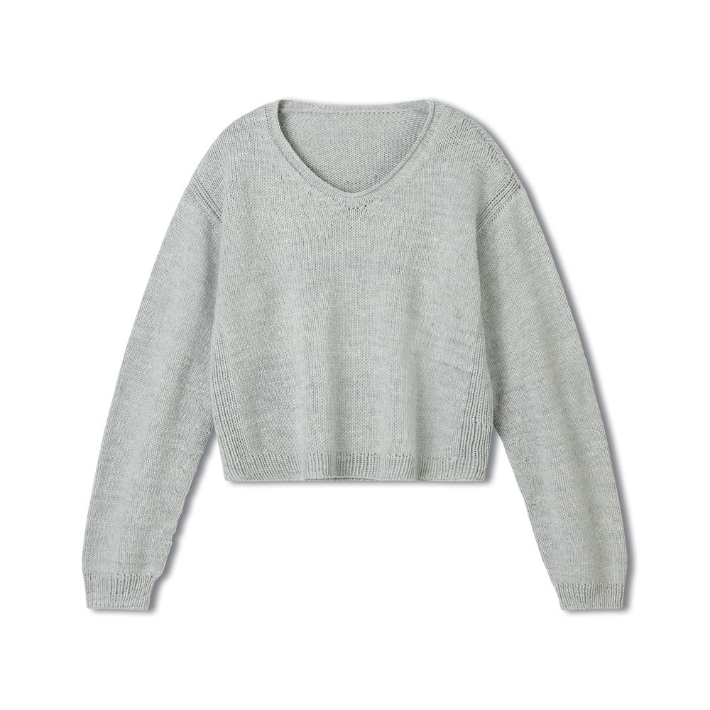 Lana Grossa Merino Classics - gebreide lichtgrijze V-hals trui met lange mouwen