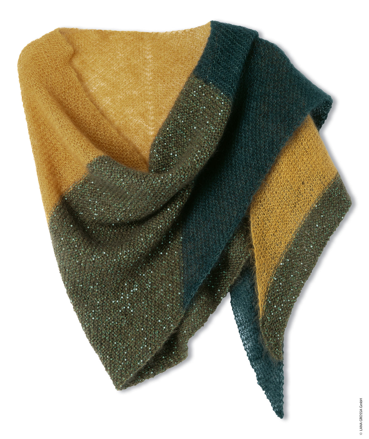 Lana Grossa Doeken & Co Nr. 10 model 11 - groen-oker omslagdoek met glanzend detail, vrijstaand - Silkhair en Glamour