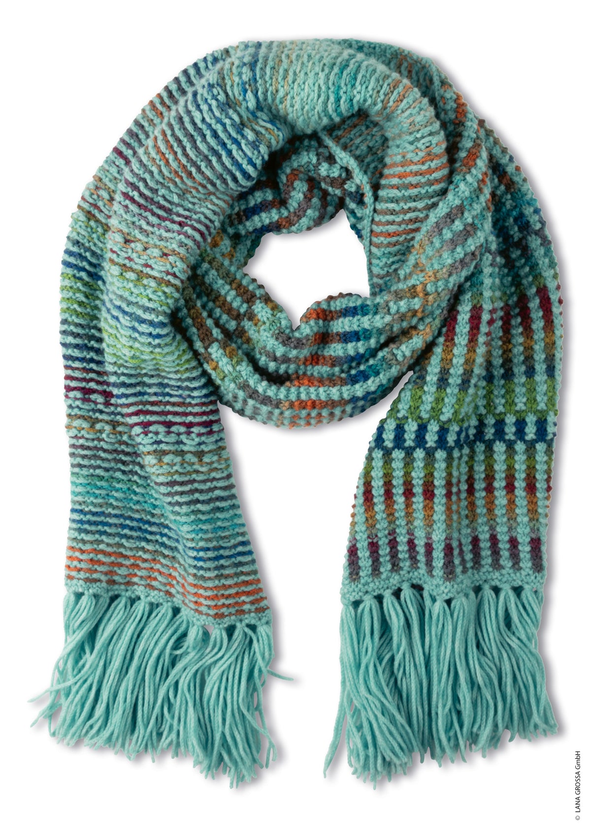 Lana Grossa Doeken & Co Nr. 10 model 1 - lange turquoise gestreepte sjaal met franjes, vrijstaand - Farfalla en Cool Merino