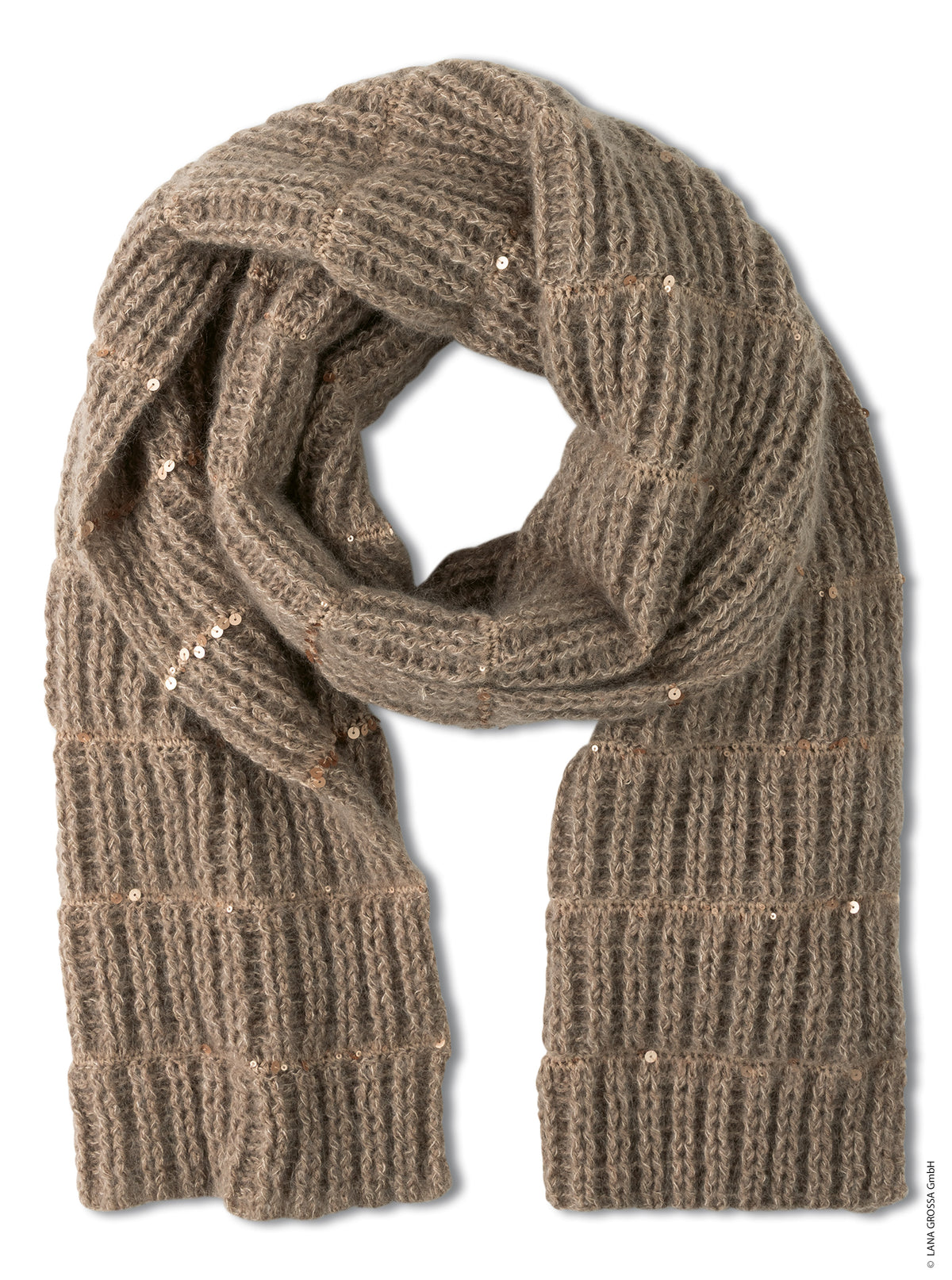 Lana Grossa Doeken & Co Nr. 10 model 29 - lange bruine geribde sjaal, vrijstaand - Cool Wool Lace, Cosmo en Silkhair