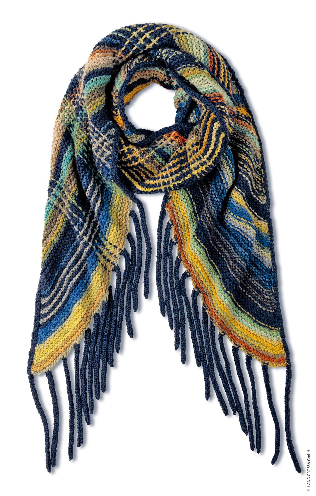Lana Grossa Doeken & Co Nr. 10 model 4 - geruite stola in blauw, groen en oker met franjes, vrijstaand - Farfalla en Cool Merino