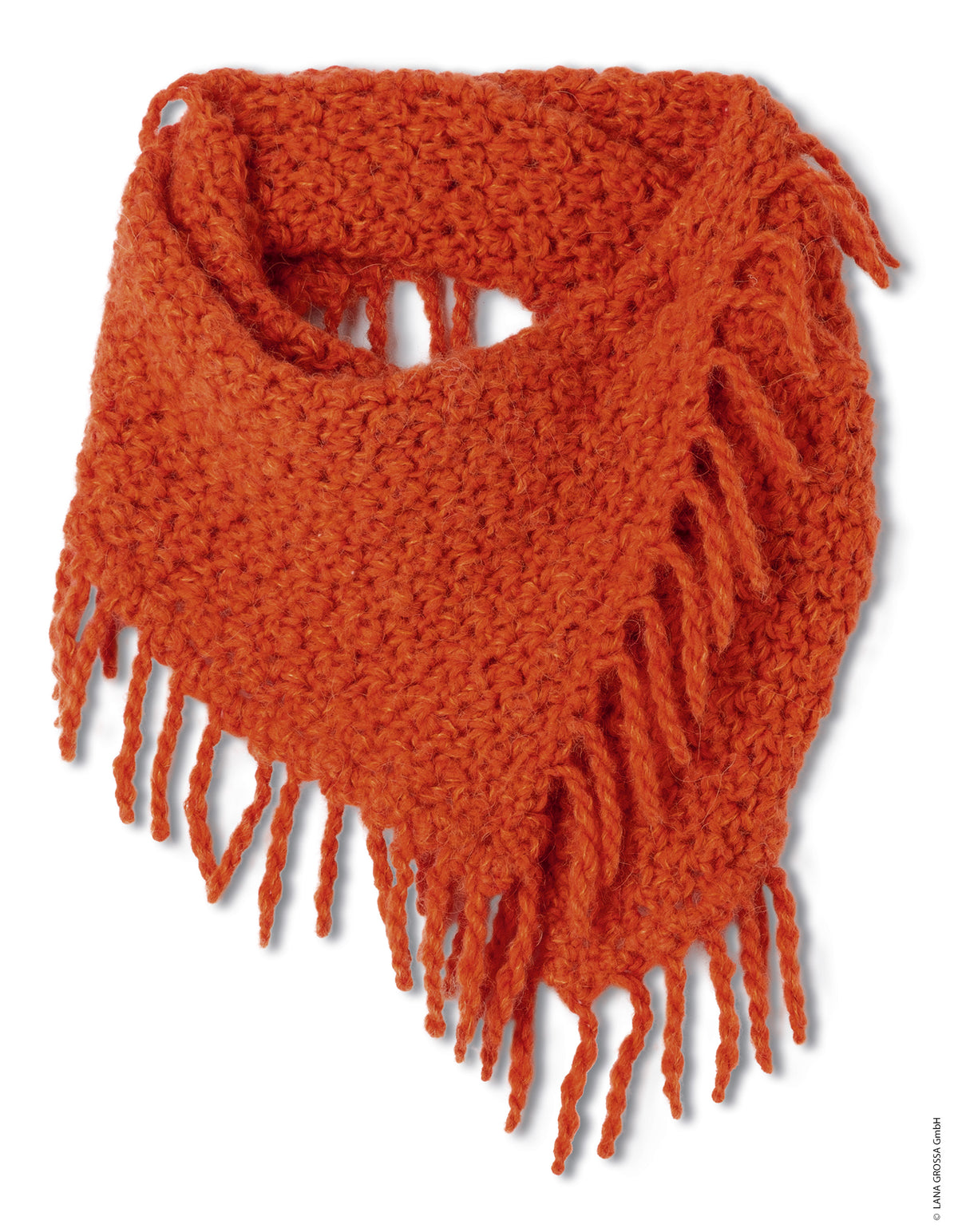 Lana Grossa Doeken & Co Nr. 10 model 8 - oranje kragensjaal met franjes, vrijstaand - Ecopuno en Setasuri