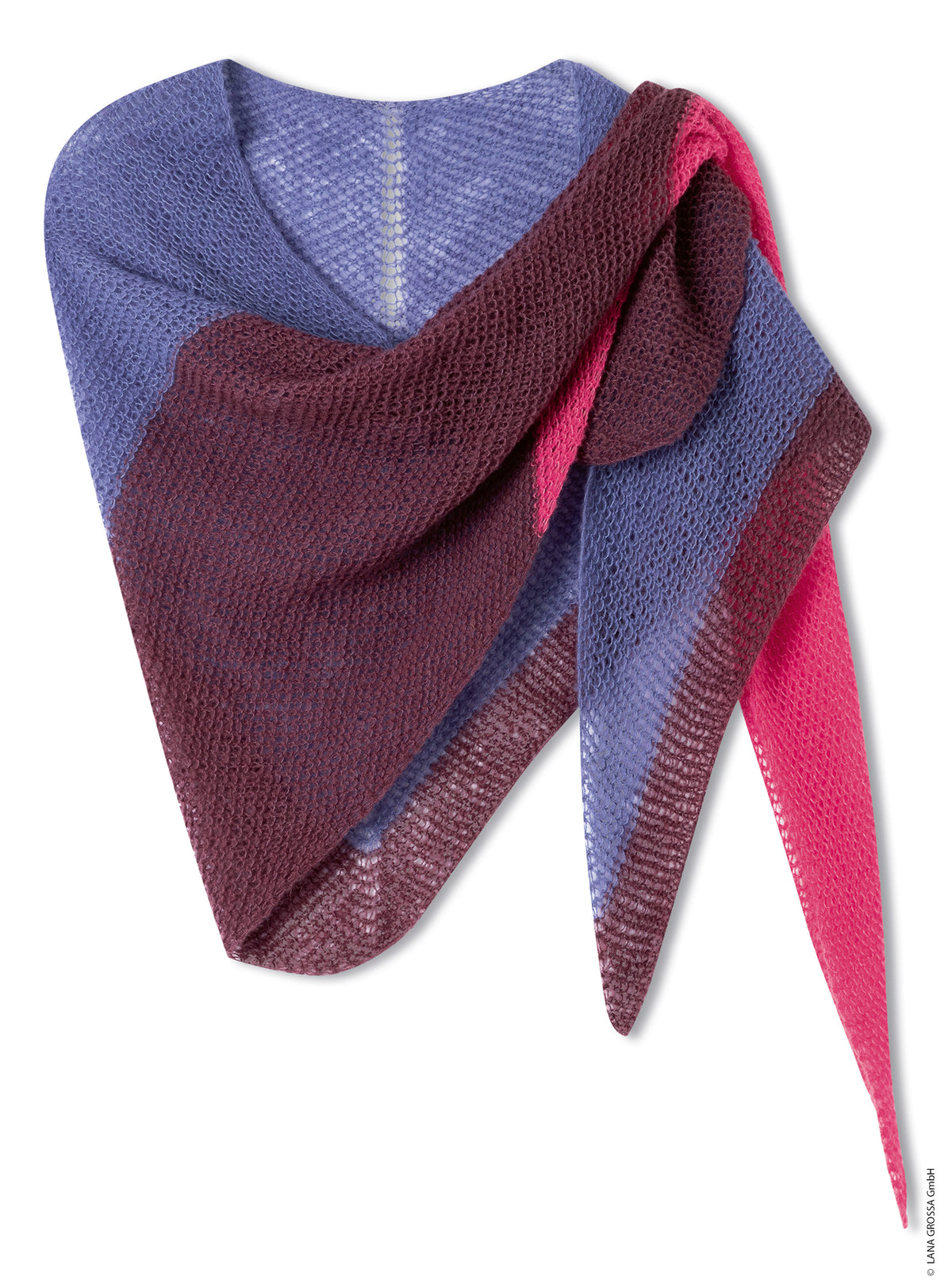 Lana Grossa Doeken & Co Nr. 10 model 9 - blauw, roze en bordeaux kleurverlopende omslagdoek, vrijstaand - Setasuri of Soffio