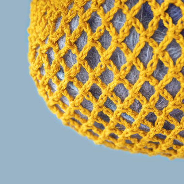 Geel haak detail — gemaakt met Joly Bag Haakpakket