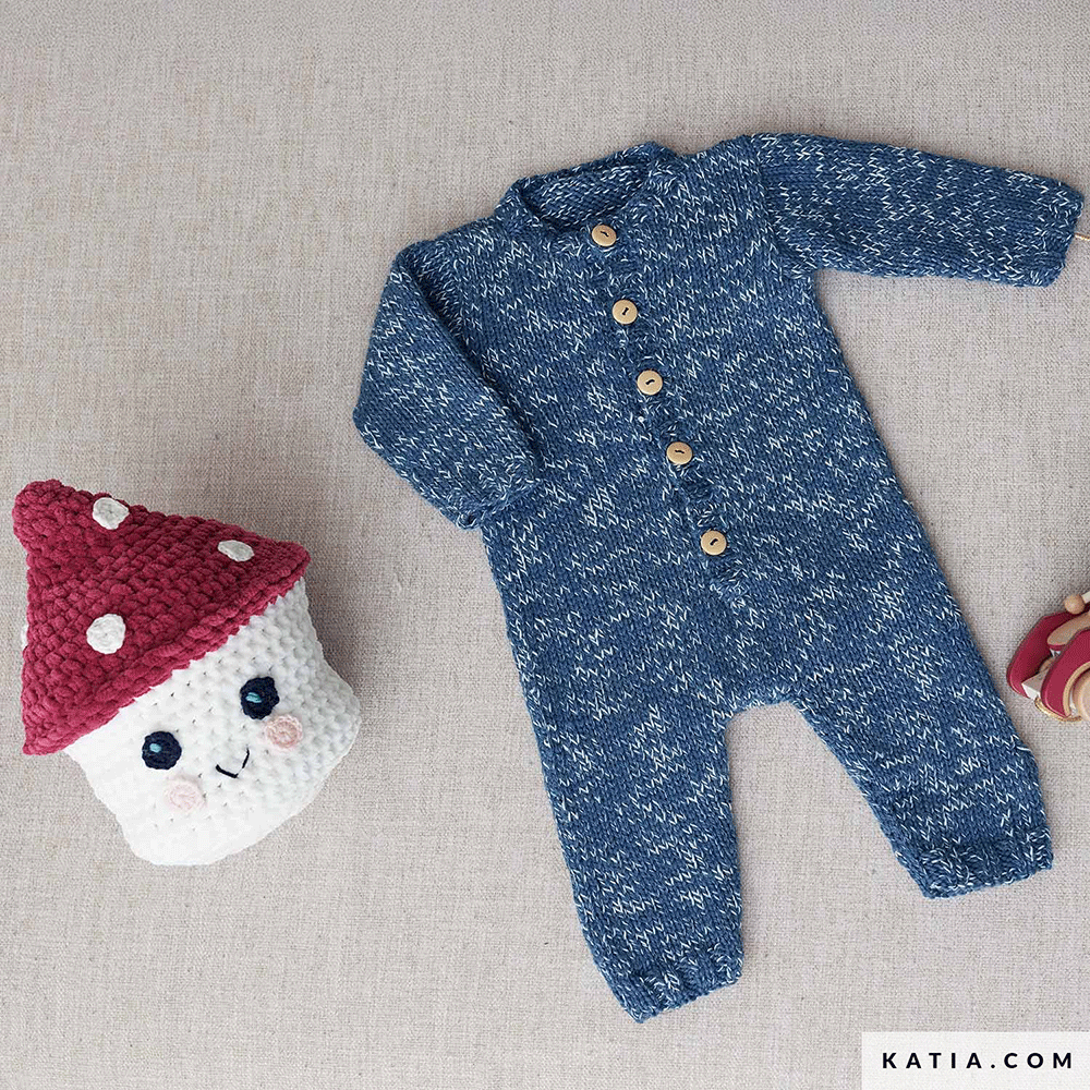 Patroon breien haken baby kruippakje herfst winter katia — gemaakt met Katia Basic Merino Popcorn
