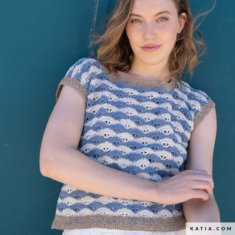 Patroon breien haken dames topje lente zomer katia — gemaakt met Katia Blue Jeans II (2)
