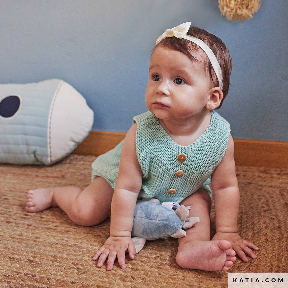 Patroon breien haken baby romper lente zomer katia — gemaakt met Katia Capri 82145 Ivoorkleurig (2)