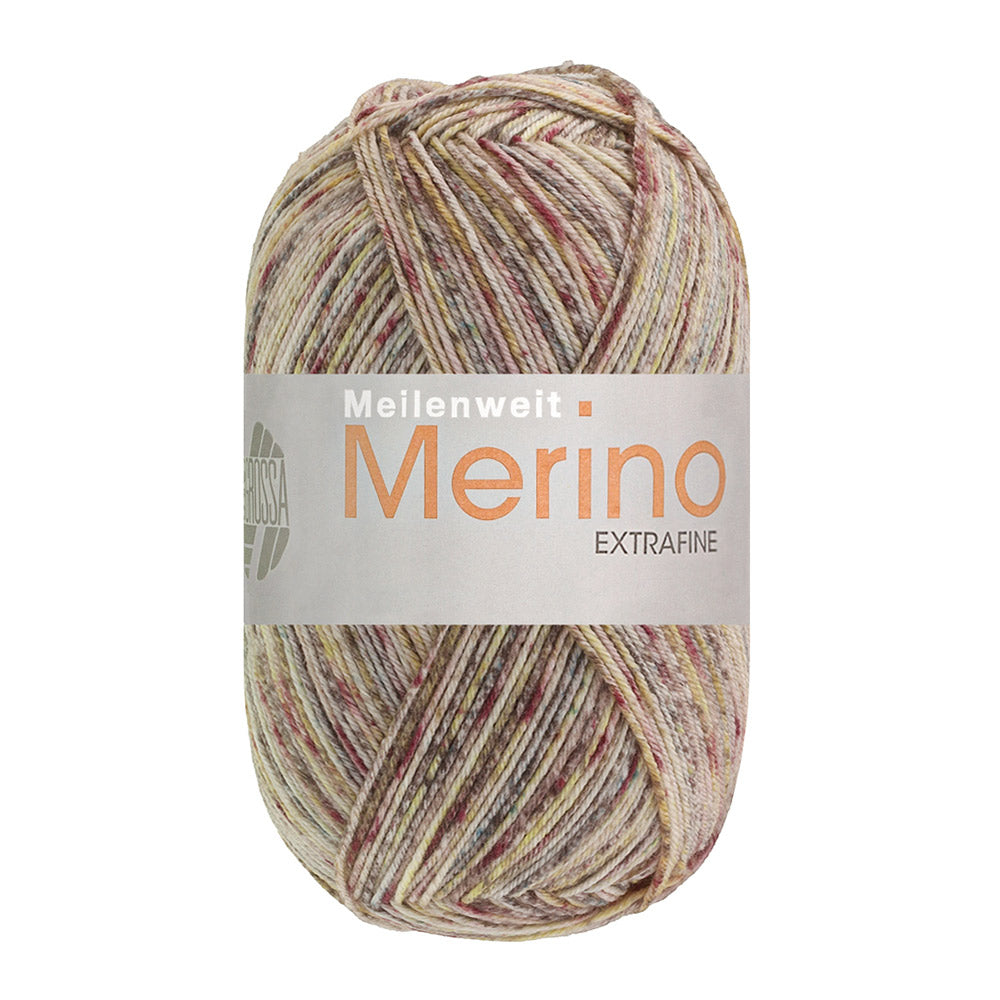 Lana Grossa Meilenweit 100 Merino Extrafine Mountain 7607 Bordeaux/Oudroze/Zachtolijf/Donkergrijs/Naturel gestreept
