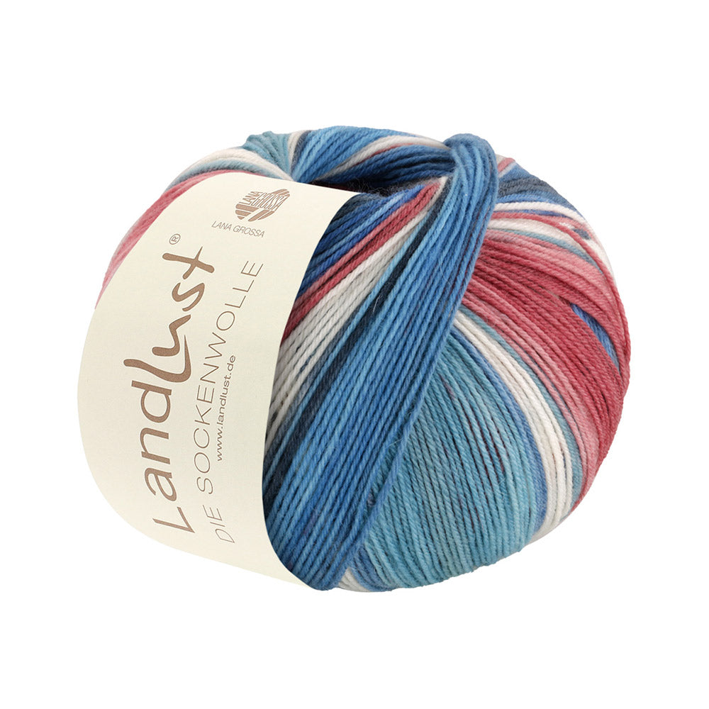 Lana Grossa Landlust Die Sockenwolle 125 Turquoise/grijsblauw/donker petrol/ecru/burgundy/kobalt/donkerblauw/Indisch rood/petrol gestreept