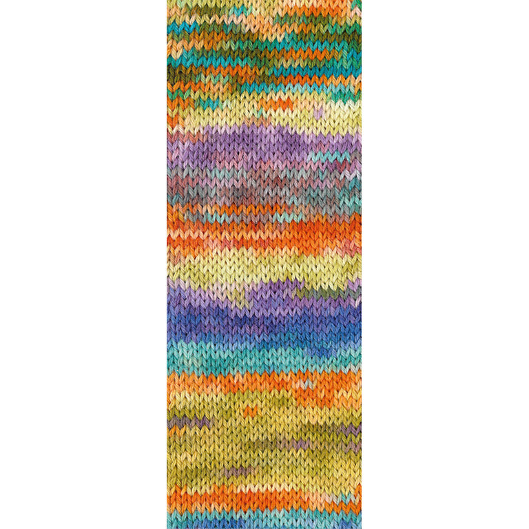 Gebreide proeflap van Lana Grossa Meilenweit 100 Cascata 5203 met zichtbaar kleurverloop in Pruim / Linde- / Zachtgroen / Roest / Olijf / Turquoise / Mint / Violet / Blauw