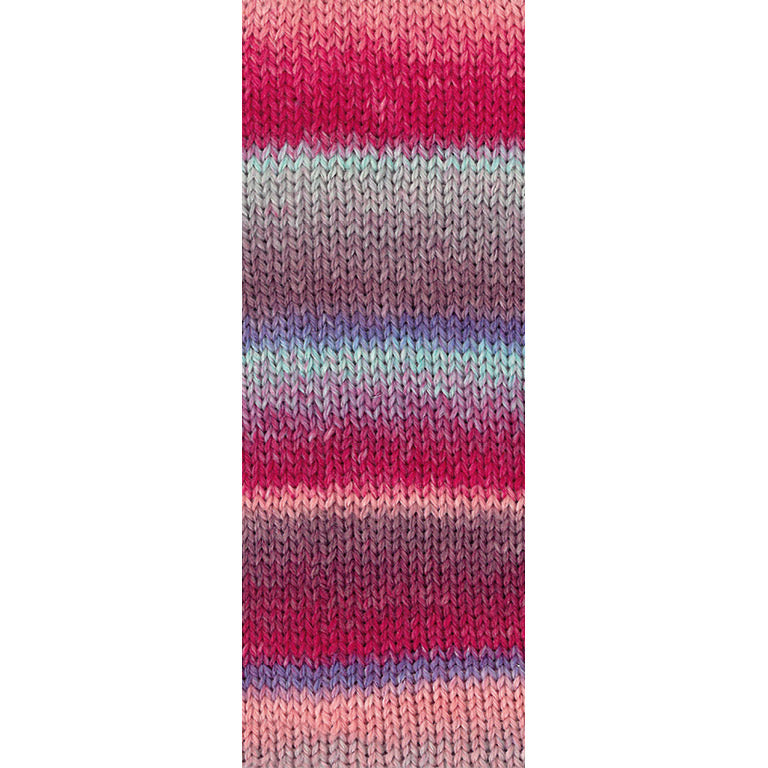 Detail van de steken en kleurwisselingen van Fontana 5454 in fuchsia, mint, grijsbruin en meer