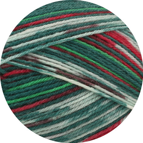 Lana Grossa Meilenweit 100 Merino Christmas 6800 Rood/Donkergroen/Lichtgroen/Wit/Donkerrood - detail van het meerkleurige garen