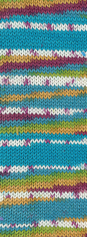 Lana Grossa Meilenweit 100 Seta Giappone 3390 Braam/Groen/Turquoiseblauw/Roodviolet/Wit/Oker/Lichtgroen - gebreid kleurvoorbeeld