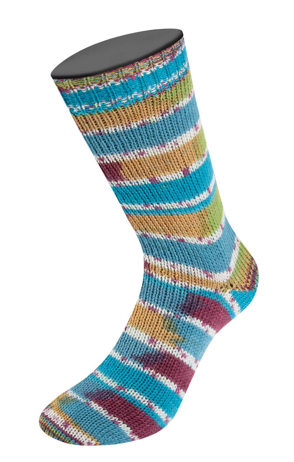 Lana Grossa Meilenweit 100 Seta Giappone 3390 Braam/Groen/Turquoiseblauw/Roodviolet/Wit/Oker/Lichtgroen - gebreide sok