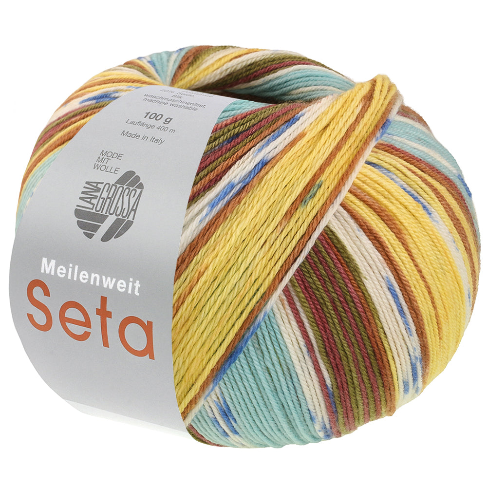 Lana Grossa Meilenweit 100 Seta Giappone 3392 Bruin/Wit/Blauw/Nougat/Mosgroen/Mosterd/Turquoise/Lichtgeel - bol garen