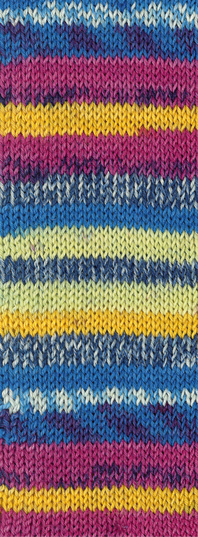 Lana Grossa Meilenweit 6-Fach 150 Cervinia 9754 Donkerfuchsia/Donkerblauw/Wit/Blauw/Licht-/Eigeel - gebreid kleurvoorbeeld