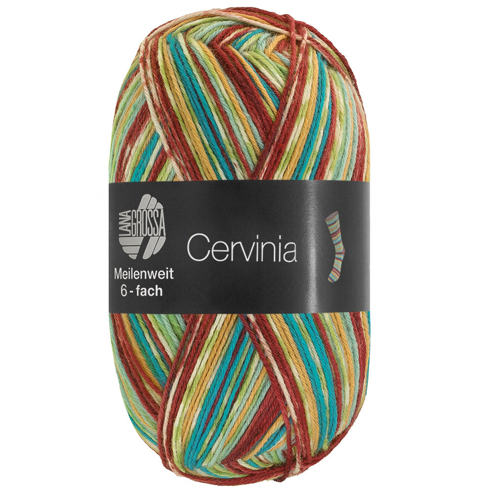 Rechtopstaande bol Lana Grossa Meilenweit 6-Fach 150 Cervinia 9755 Lichtgroen/Mint/Rood-/Donkerbruin/Ecru/Limoen/Curry/Turquoiseblauw