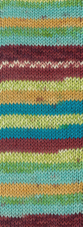 Lana Grossa Meilenweit 6-Fach 150 Cervinia 9755 Lichtgroen/Mint/Rood-/Donkerbruin/Ecru/Limoen/Curry/Turquoiseblauw - gebreid kleurvoorbeeld