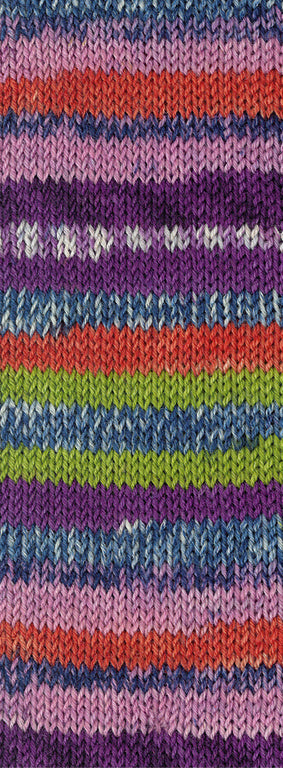 Lana Grossa Meilenweit 6-Fach 150 Cervinia 9757 Terracotta/Meigroen/Donkerblauw/Wit/Violet/Roze - gebreid kleurvoorbeeld