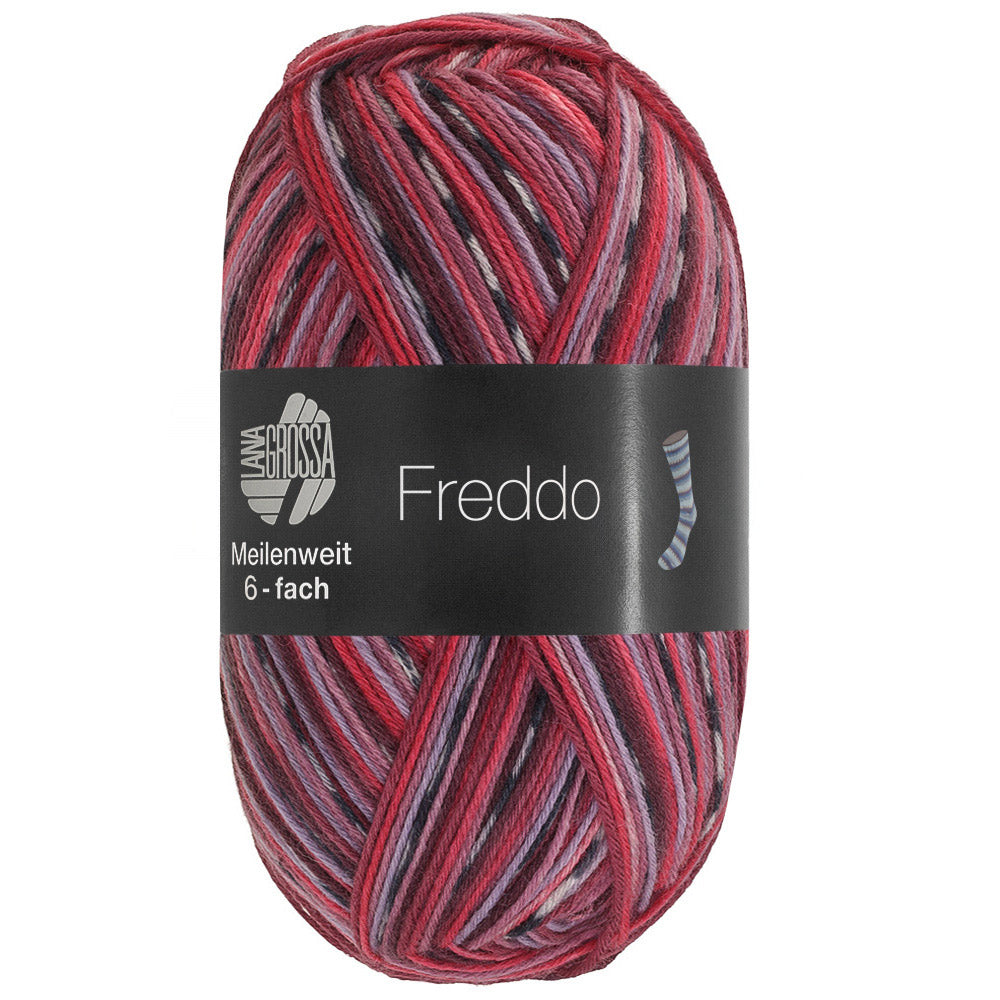 Lana Grossa Meilenweit 6-Fach 150 Freddo 9740 Donkergrijs/Wit/Bordeaux/Rood/Grijsroze/Mauve - bol garen