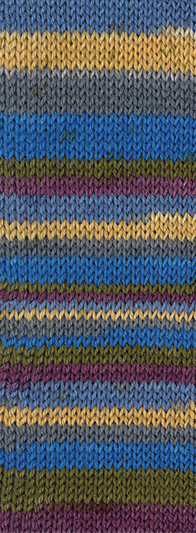 Lana Grossa Meilenweit 6-Fach 150 Granita 9732 Blauw/Donkerolijf/Chocoladebruin/Jeansblauw/Vlasgeel/Donkergrijs - kleurverloop van het garen