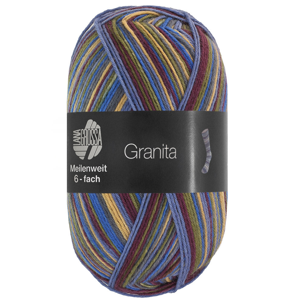 Lana Grossa Meilenweit 6-Fach 150 Granita 9732 Blauw/Donkerolijf/Chocoladebruin/Jeansblauw/Vlasgeel/Donkergrijs - bol garen