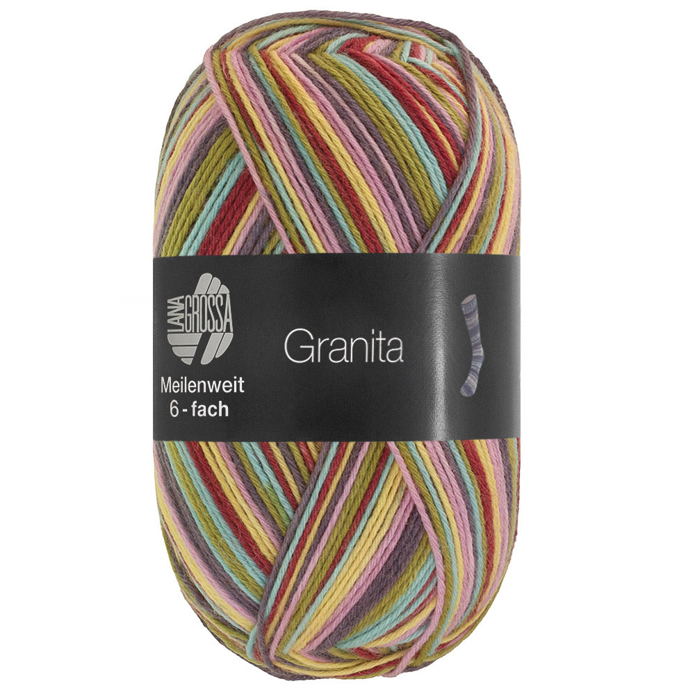 Lana Grossa Meilenweit 6-Fach 150 Granita 9735 Turquoise/Olijf/Donkergrijs/Roze/Geel/Donkerbruin - bol garen