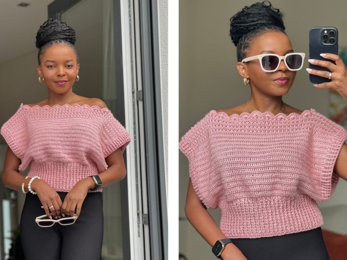 Off Shoulder X-Steek Geribde Top gedragen