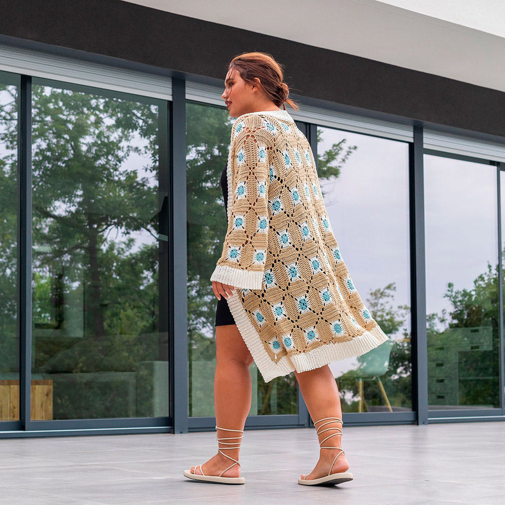 Patroon breien haken dames jas lente zomer katia — gemaakt met Panama Granny Square Lang Vest Haakpakket (2)