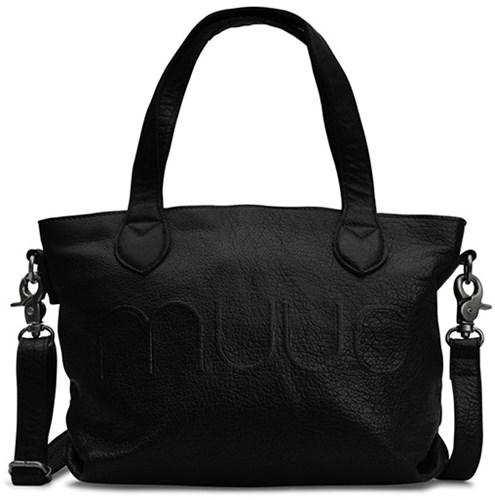 MUUD Laura mini Schwarz - Handgefertigte Umhängetasche aus Leder mit abnehmbarer Geldbörse, 19 x 30 x 22 x 7 cm