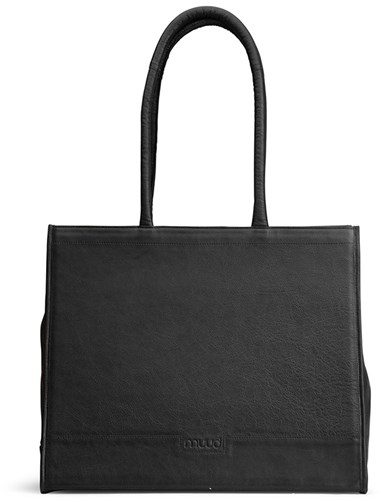 MUUD Bina XL Schwarz - Handgefertigter Leder-Shopper mit abnehmbarer Geldbörse, 35 x 43 x 18 cm