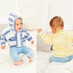 Strickanleitung Stylecraft Bambino Prints DK No. 9841 Babypullover und Hoodie
