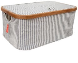Faltbare Aufbewahrungsbox grobes Leinen und Bambus Grau Gestreift